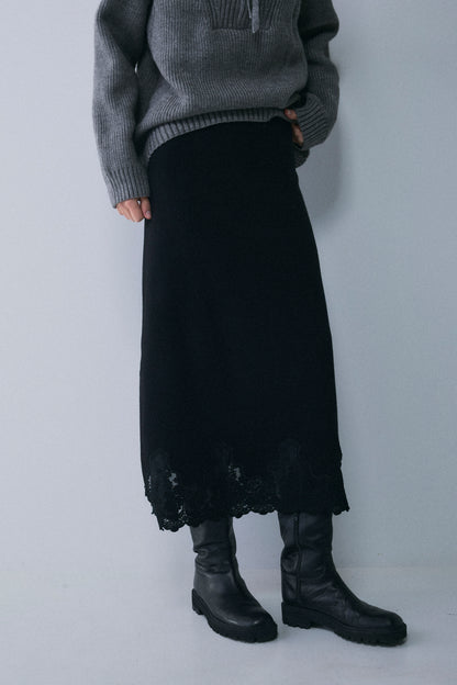 【予約：1月下旬〜2月上旬】Lace-Trim Knit Skirt／60251202068
