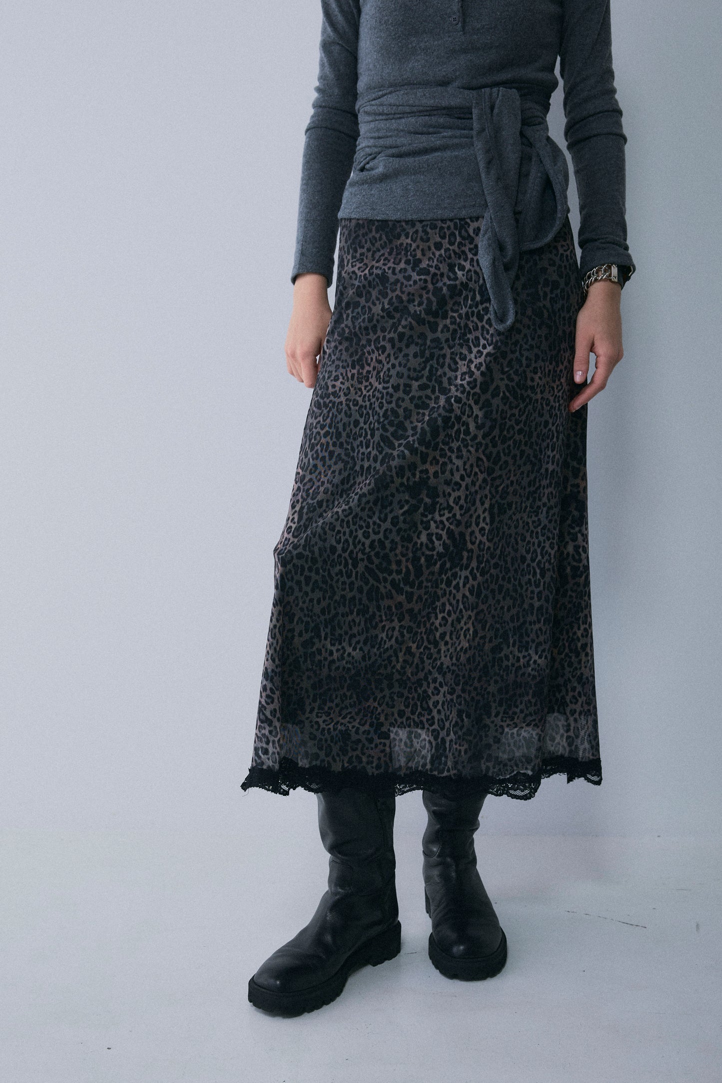 【予約：1月下旬〜2月上旬】Lace-Trim Sheer Leopard Skirt／60251202076
